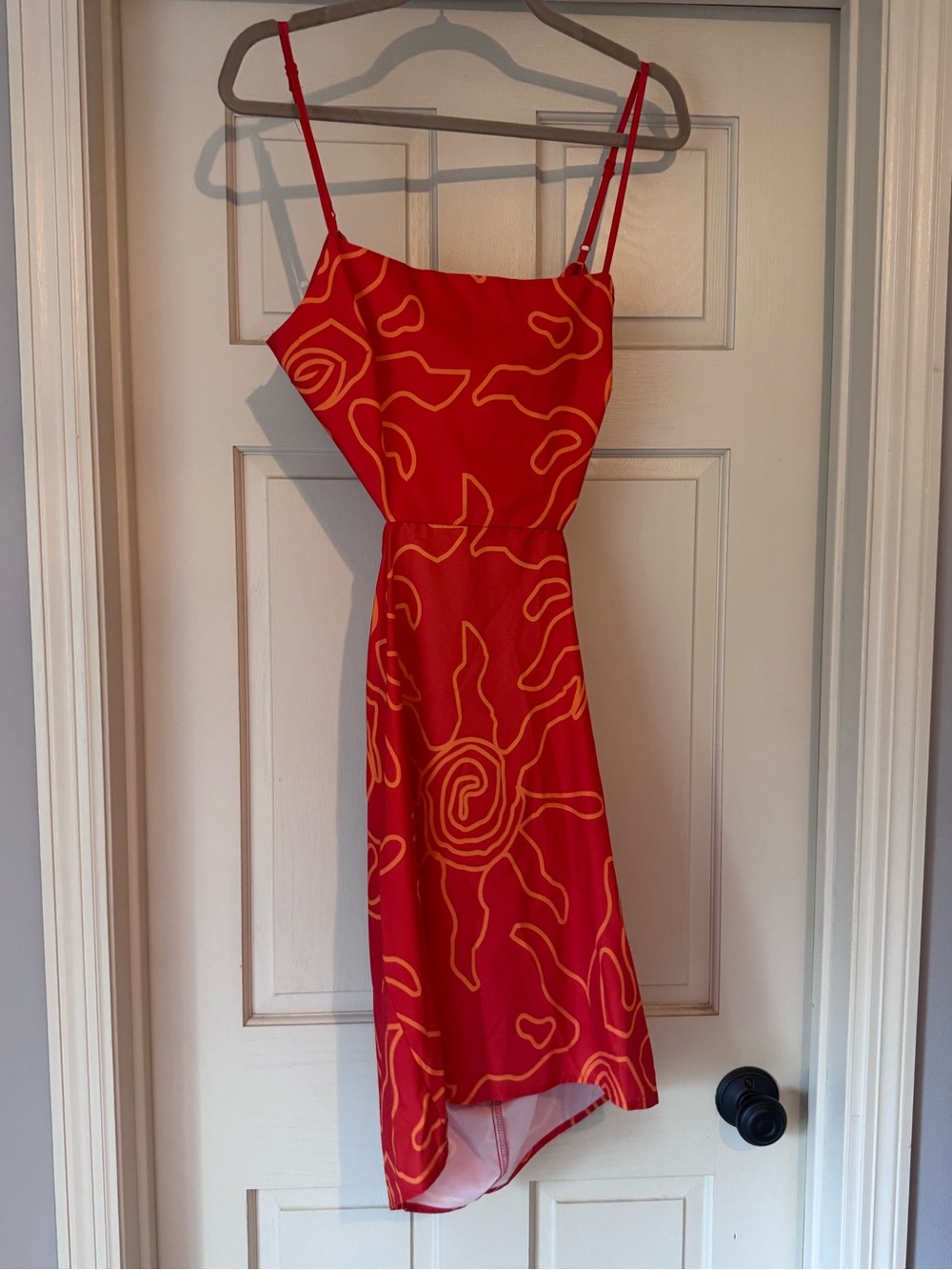 SHEIN Red Asymmetrical Spaghetti-Strap Dress with Yellow Print
